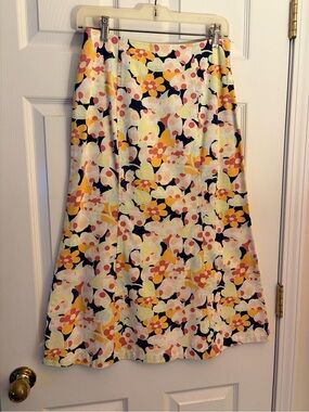 Talbots Floral A-Line Midi Skirt in Yellow, Navy & Pink